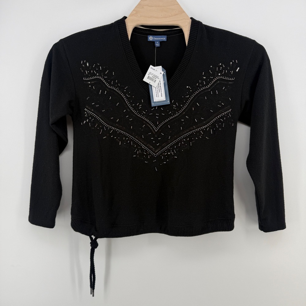 Democracy Womens Black Sequin Embellished V-Neck Sweater Side Tie S NWT
